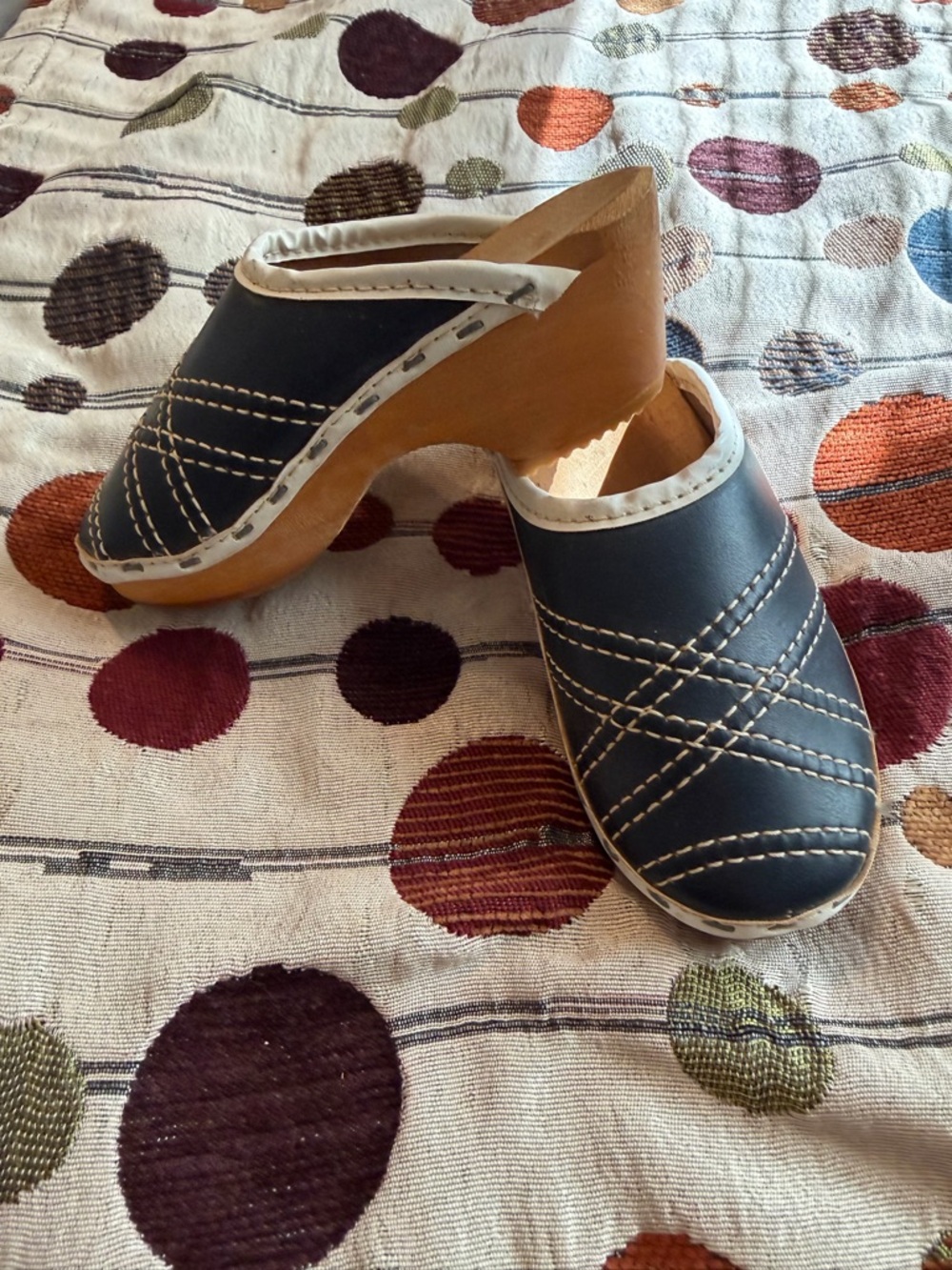Vintage Holie Kids Navy Leather Clog Sandals with Contrast Stitching Sz 24